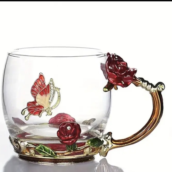 NWOT Red Rose & Butterfly Tea/Coffee Mug W/Silver Spoon - Picture 3 of 6